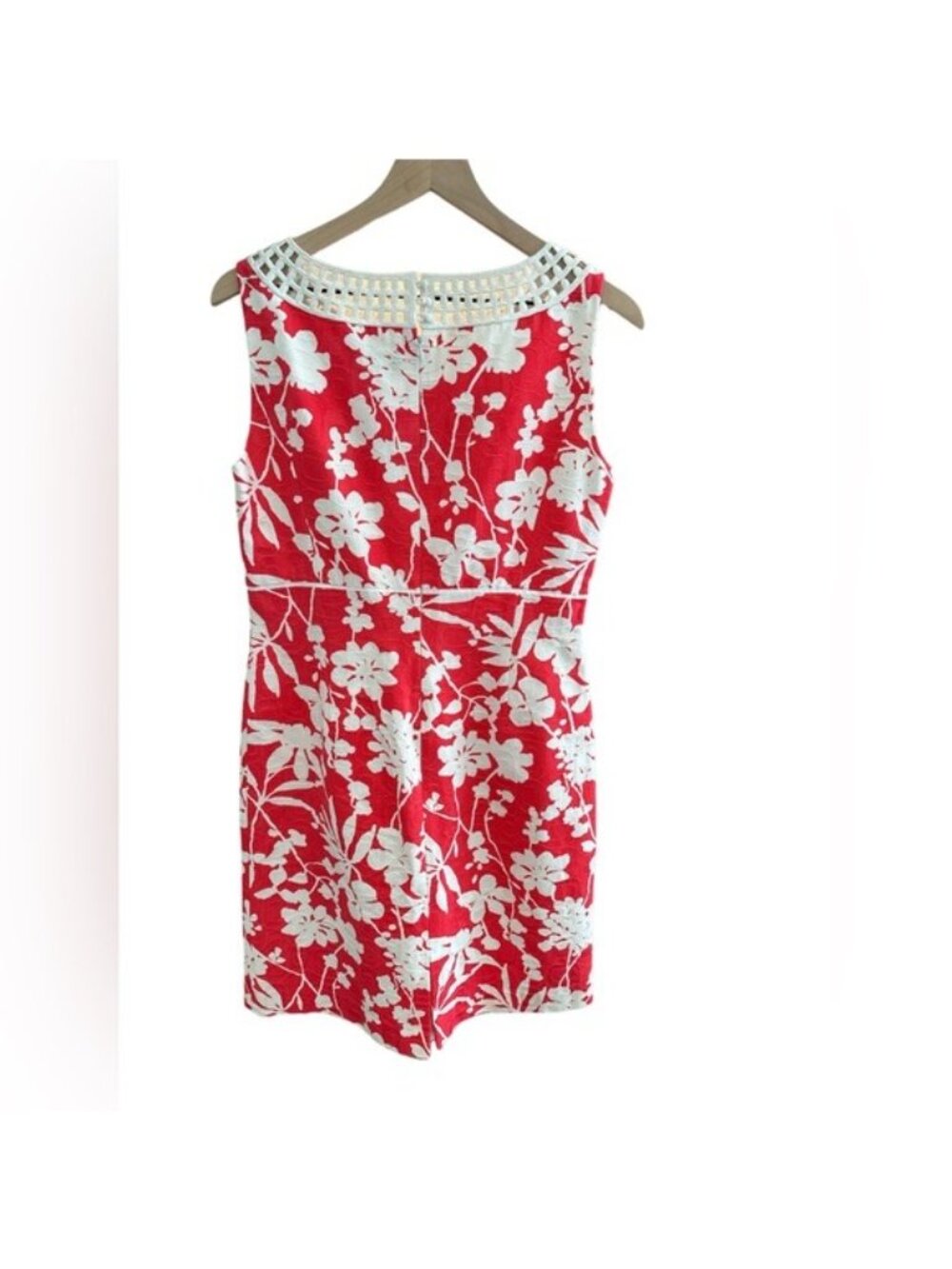 Tahari Arthur S. Levine Floral Sheath Dress Size 8 Coral Red White Lattice Neck - Picture 3 of 8